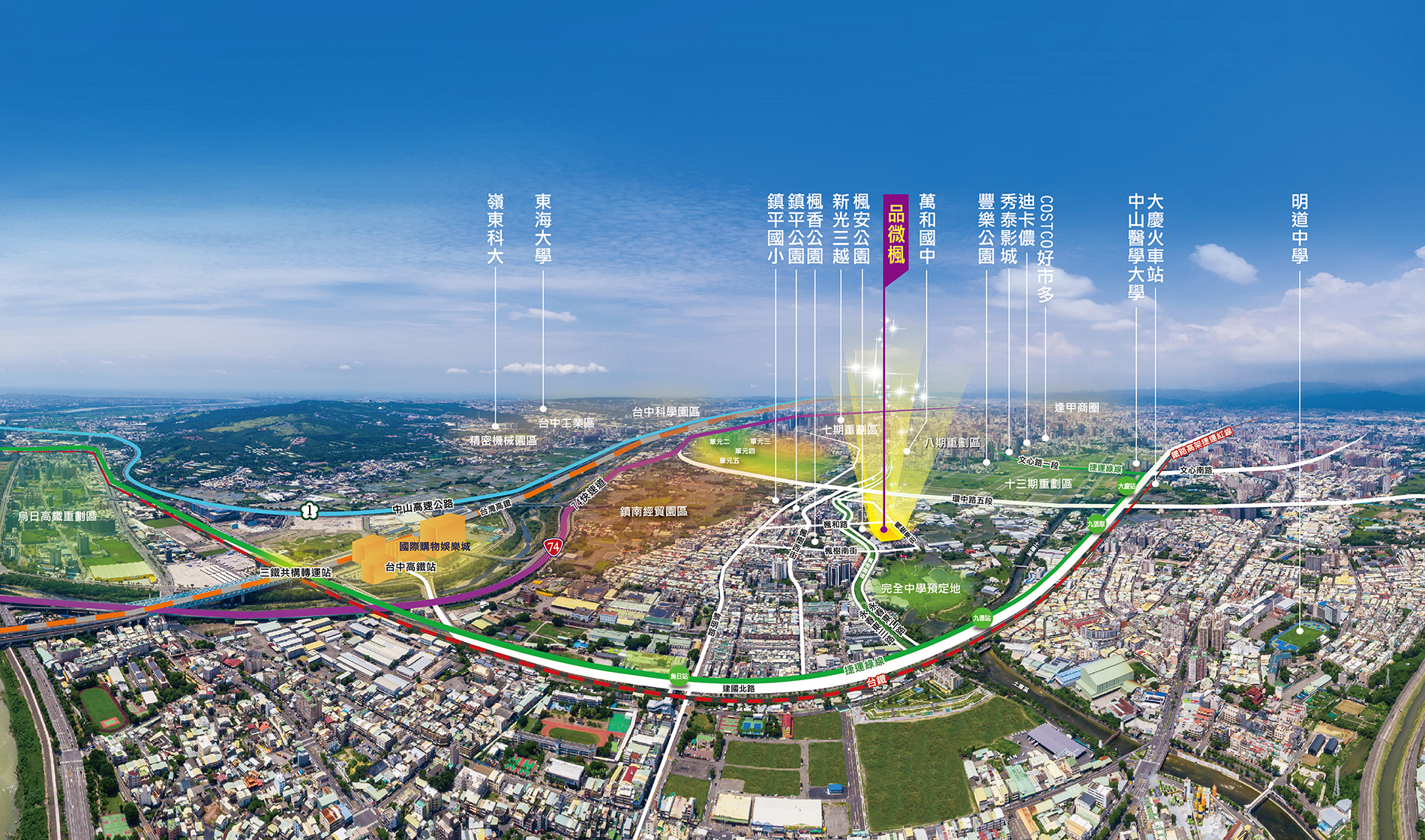【秀泰、好市多生活圈】
基地位於八期、十三期、南區、高鐵特區中心點，6分鐘內可到秀泰文心Shopping Mall、好市多、迪卡儂、七期商圈，以及高鐵購物商城。
【公園、水岸健康生活】
知名豐樂雕塑公園近距離可達，基地鄰近1.5公里楓香大道、楓香公園，超高的綠覆率，讓您擁抱最舒適的健康生活。
【休閒、文風優雅生活】
文小預定地、十三咖啡、誠實商店、藍寶咖啡、楓香古道…周邊環繞，享受城裡慢步調的優雅文青生活。
【捷運、高鐵、快速道】
擁有捷運綠線G15、台鐵、高鐵、74快速道路、雙國道的交通優勢，神速接軌城市精華板塊，一日生活圈暢通無阻。
【完美規劃，量身打造】
近1200坪臨路大基地，視野佳、0店面單純住家，2、3、4房，依家庭需求貼心設計。